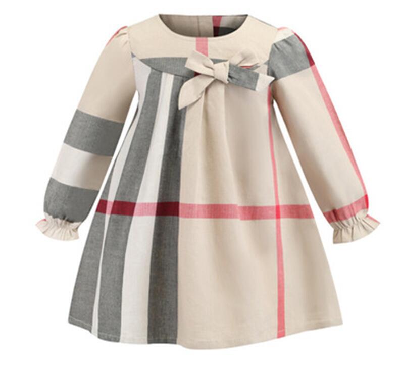 

Baby Girl Designer Clothing Toddler Dresses Summer Children Long Sleeve Dress Cotton Kids Big Plaid Bow Multi Colors
