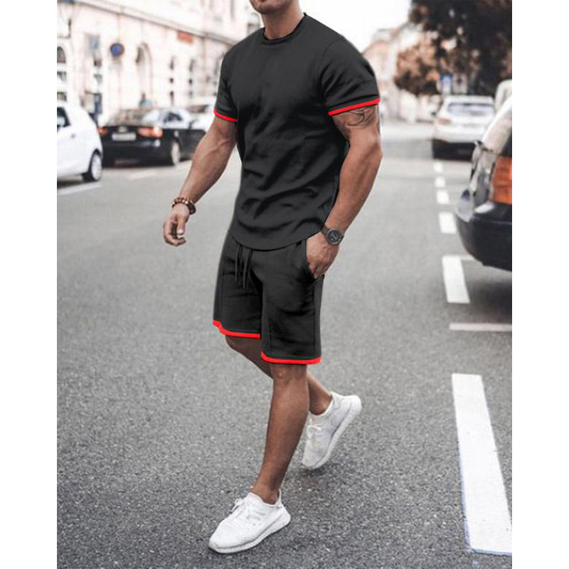 

Cuff strips men s sports suit short sleeve T-shirt with shorts comfortable breathable dry daily leisure sports, White