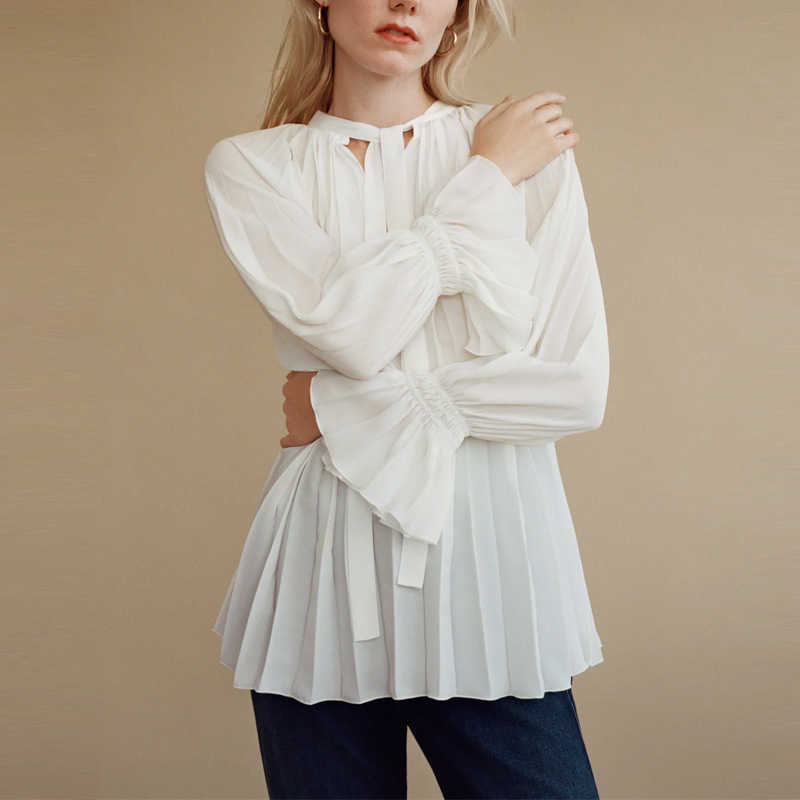 

Za Pleated Bow White Blouse Women Long Sleeve Ruffle Elastic Cuffs Loose Shirts Woman Chic Front Self Bow Elegant Top 210602