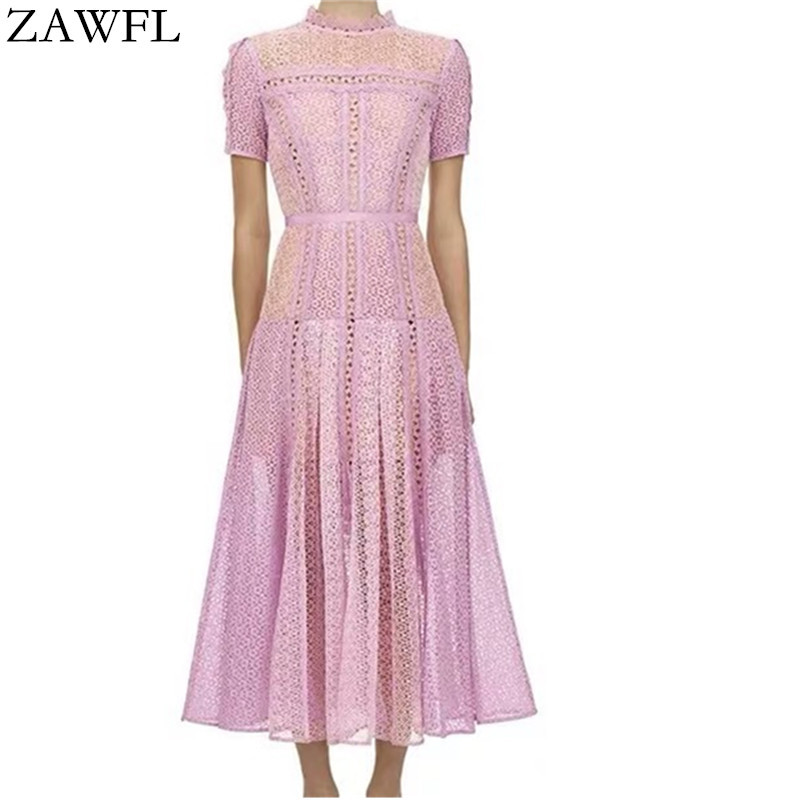 

ZAWFL Summer Self Portrait Stand Neck Dress Women Lace Hollow out Short sleeve Stratified Ruffles Ladies Maxi Dresses 210525, Picture color