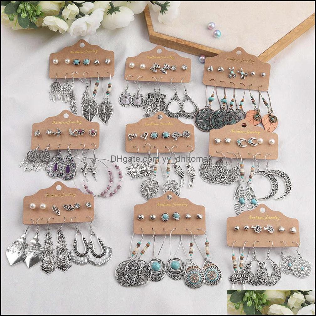 Dangle & Chandelier Earrings Jewelry Dangles Beans Sier Set Vintage Ethnic 6-Pair / Sets Small Round Sun Moon Sheet Snake White Green Stone
