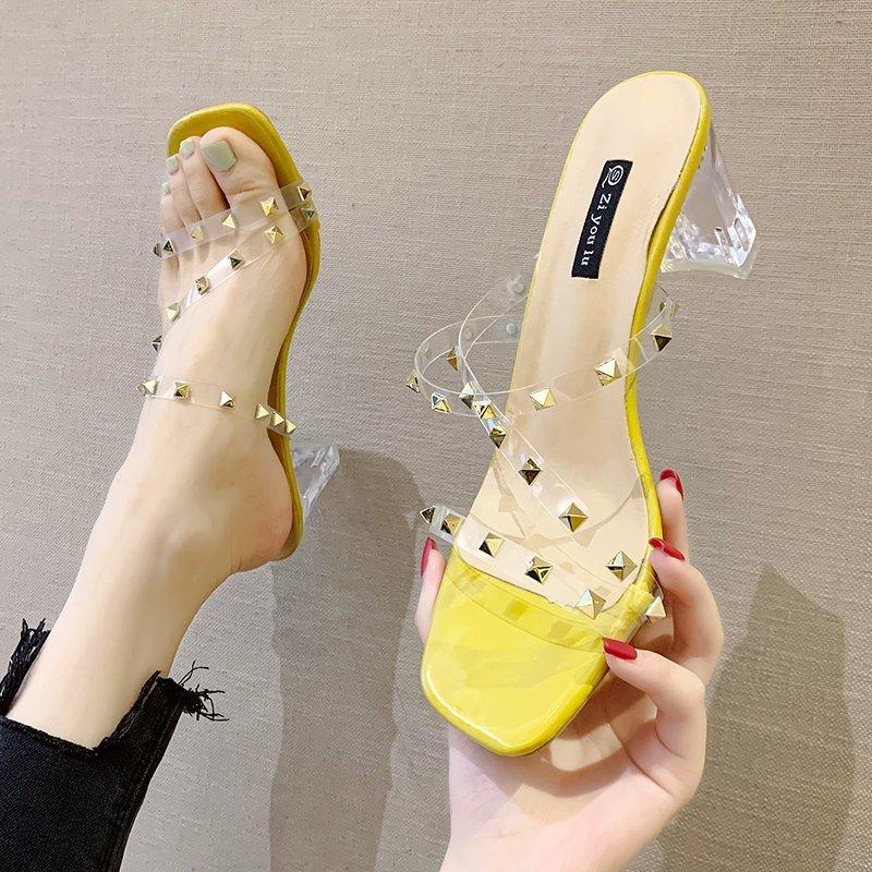 

Square Heel High-Heeled Shoes Lady Rivet Womens Slippers Outdoor Pantofle Luxury Slides Jelly Flip Flops Block 2021 Designer Gli, Black
