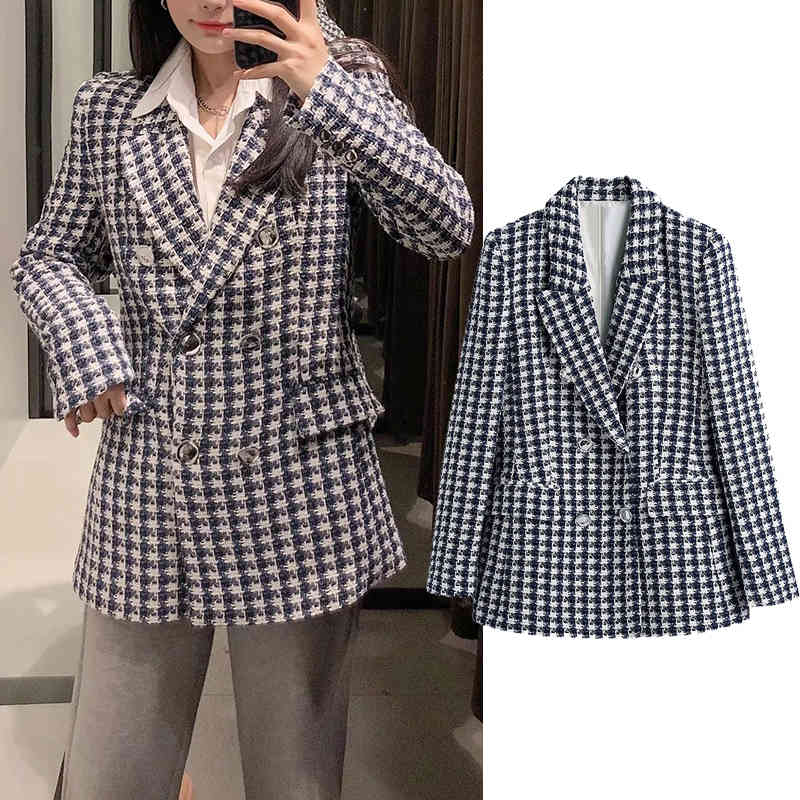 

Women's Down & Parkas 2021 Women Fashion plaid print Texture Double Breasted Coat Turn-down Collar Long Lady Streetwear buttons Ou, Black