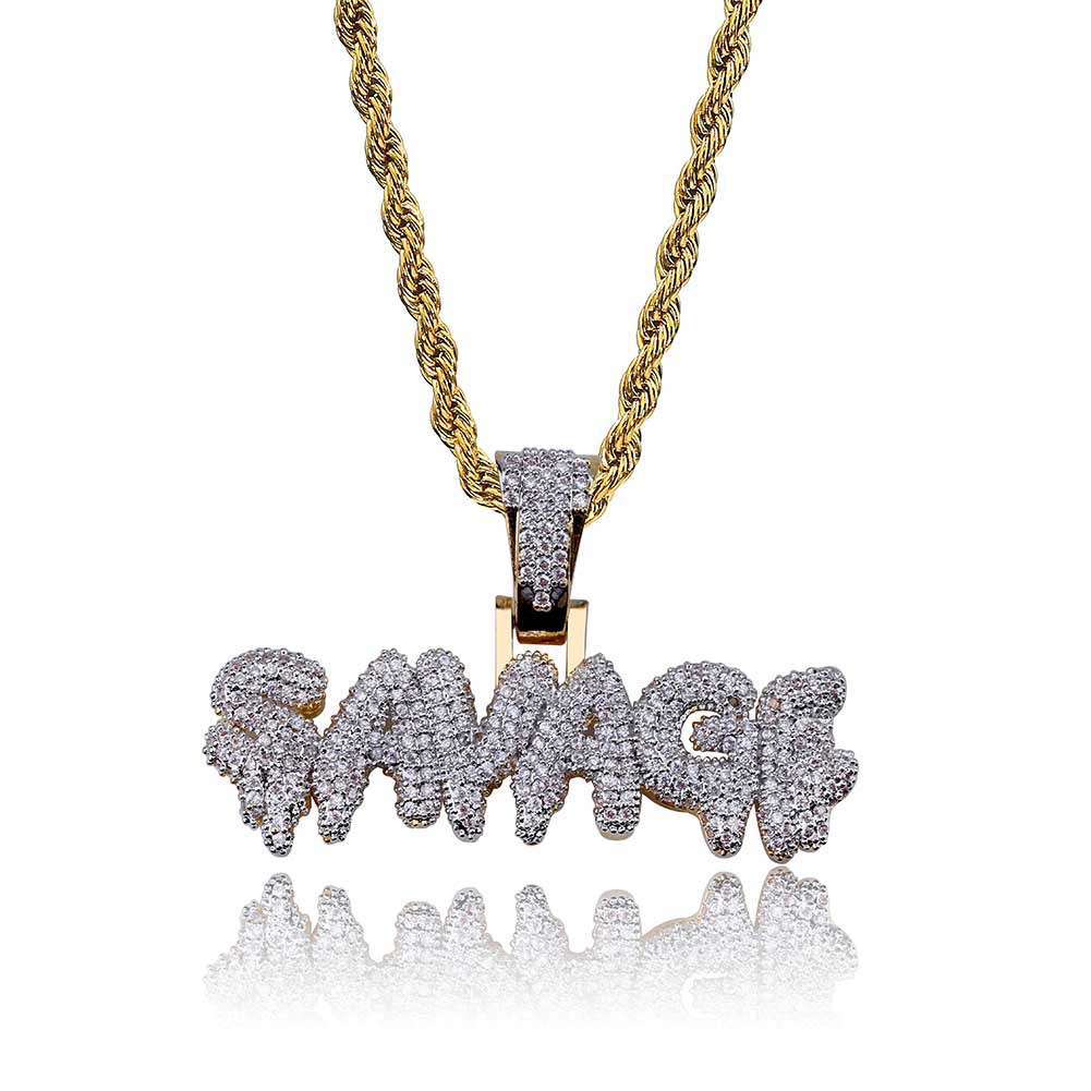

Men Iced Out SAVAGE Letters Pendant Necklace Gold Color Plated Micro Pave Cubic Zircon Hip Hop Jewelry, Silver