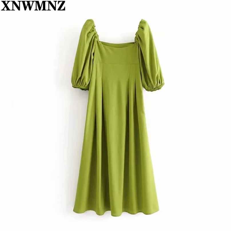 

Women Green Fashion Pleated Dress Puff Short Sleeve Ladies es Square Collar midi Summer Sundress Robe Mujer 210520, Army green