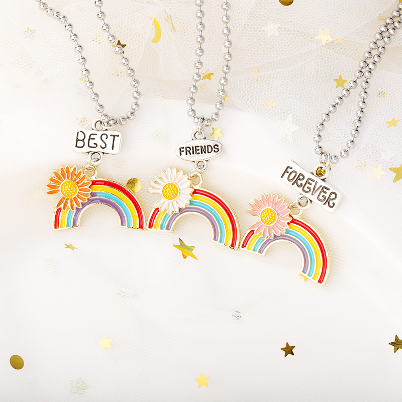 

Fashion Daisy Rainbow Necklace Enamel Cartoon Kids Good Friends Forever Pendant Necklaces Jewelry Gift, Silver