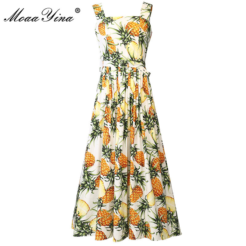 

Fashion Designer Summer Vacation Dress Women Spaghetti Strap Pineapple print Bohemian Elegant Cotton Midi 210524, Multi