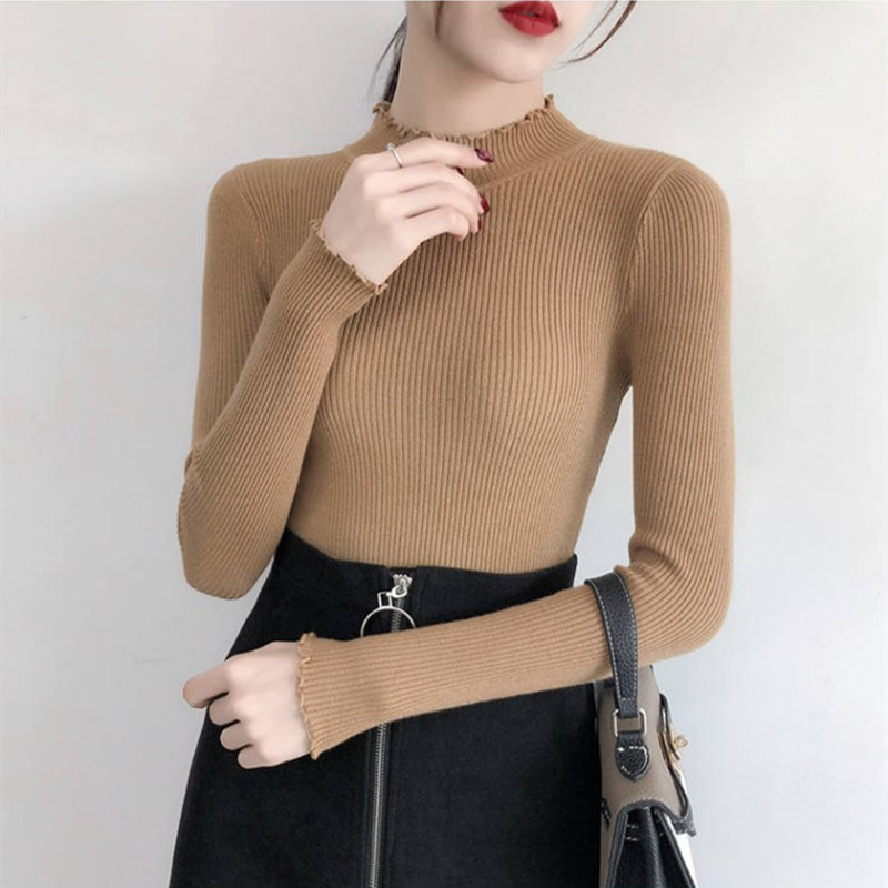 

autumn winter women's pullover sweater slim solid half high collar long-sleeved female bottoming shirt jumper top 210520, Black