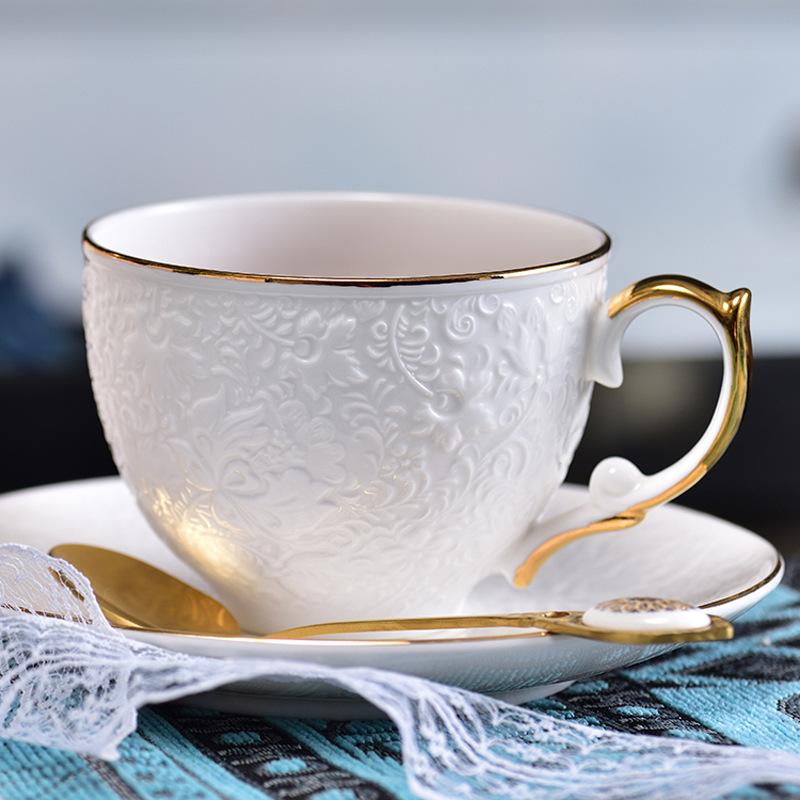 

Mugs Ceramic Coffee Cup And Saucer Set Luxury Flower Tea With Gold Embossed Light Exquisite Afternoon Spoon