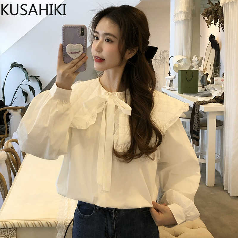

KUSAHIKI Korean Bow Tie Peter Pan Collar Women Blouse Causal Long Sleeve Doll Shirt Spring Sweet Blusas Mujer 6E535 210602, White