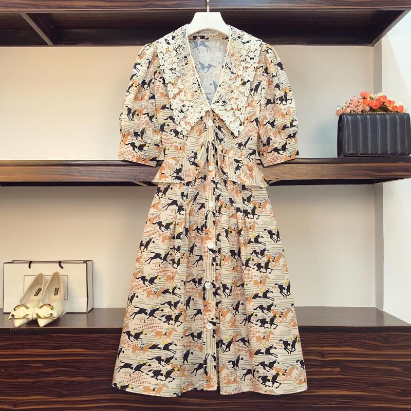 

Plus Size Dresses 2021 Summer Women Elegant A-Line Dress Ladies Holiday Short Sleeve Printted High Waist Temperament Casual, Black