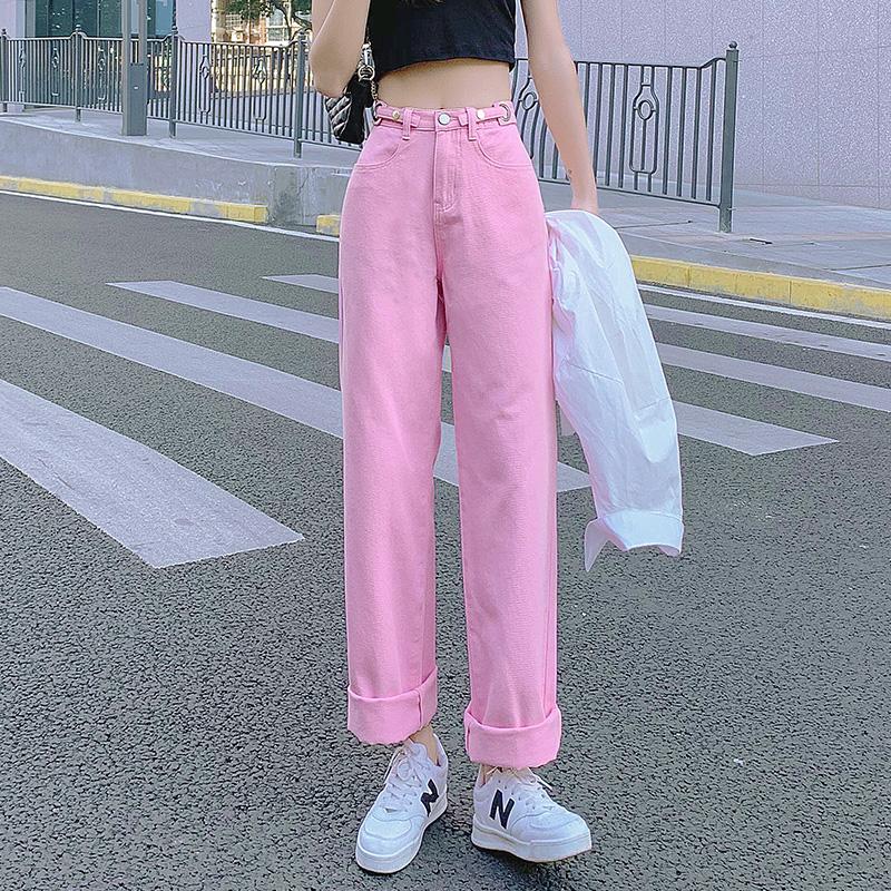 

Women's Jeans High Waist Pink For Women 2021 Fashion Trend Wide Leg Pants Teenage Purple Denim Trousers Girl Streetwear Clothes