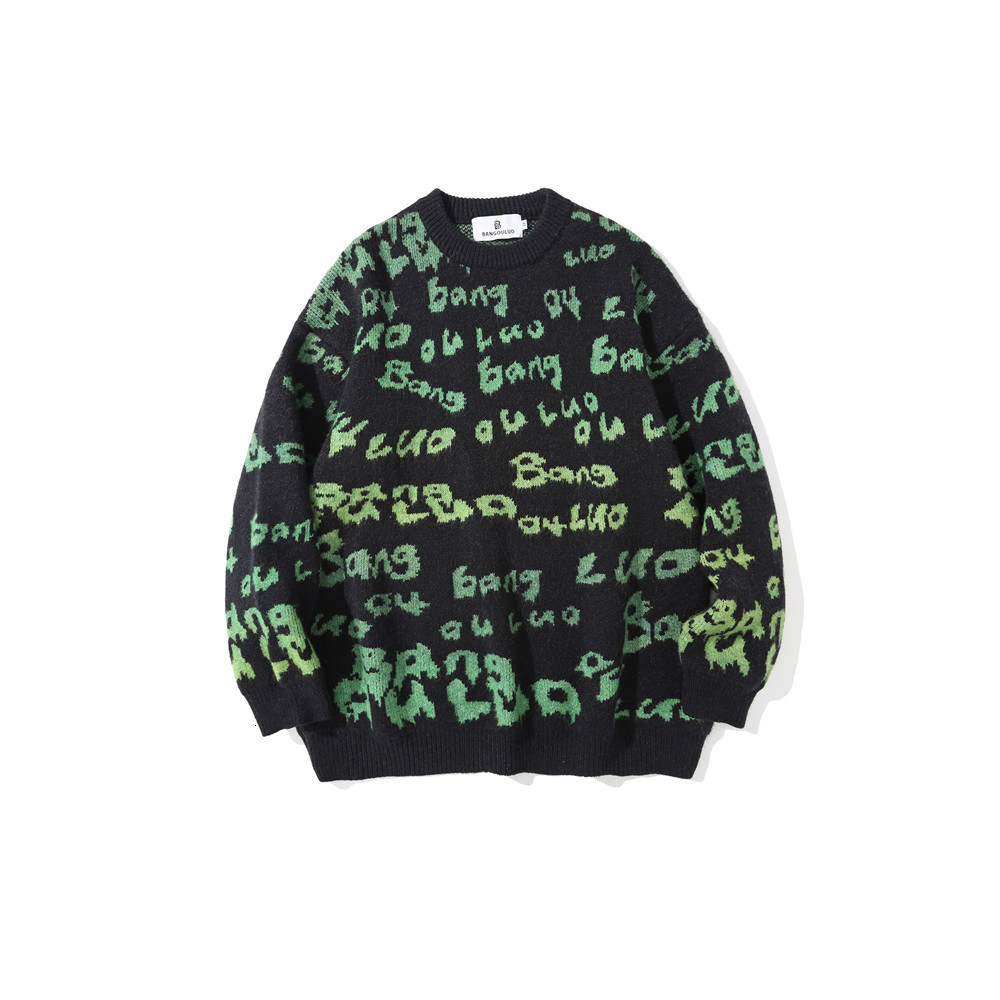 

sweater knit wind letter jacquard men's street trend loose round neck t shirt yuansufeng pullover, White;black