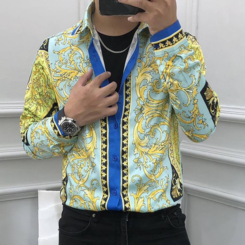 

Men's Casual Shirts 2021 Luxury Designer Long-sleeved Party Prom Club Shirt Baroque Royal Green Men Fashionable Gold Flower Top, Picture