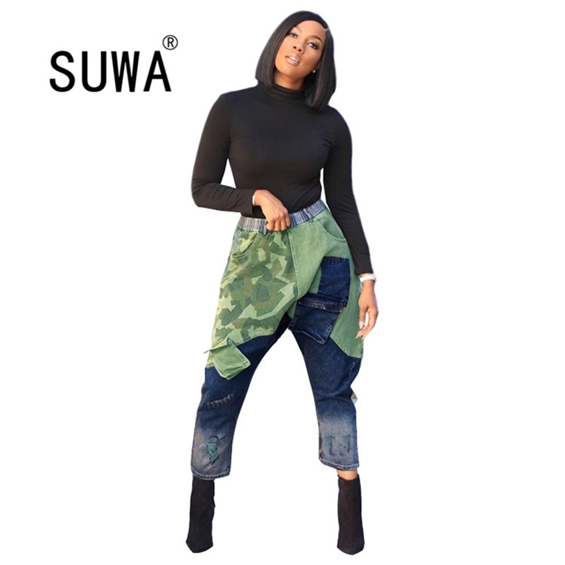 

Wholesale Product Contrast Patchwork High Waist Pants Trousers Women Denim Classic Fashion Jeans Cool Girl Streetwear 210525, Multi