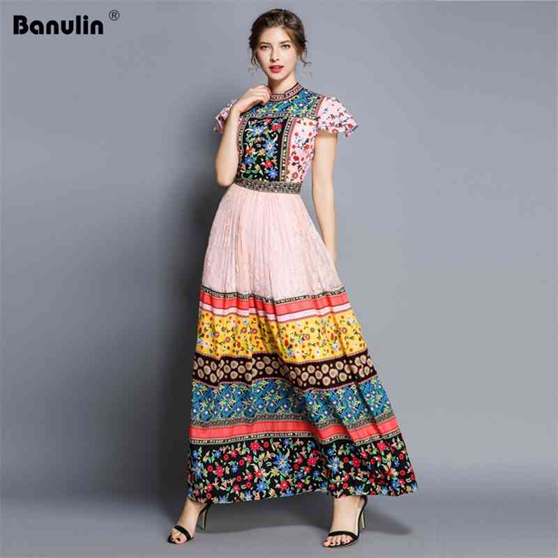 

Womens Clothing Runway Fashion Floral Print Holiday Dresses O-neck High Waisted Floor Length Long Boho Dress Party 210603, Pink
