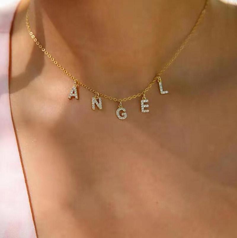 

Chokers Personalized Name Necklace For Women Custom Crystal English Letter Pendant Stainless Steel Choker Birthday Christmas Jewelry