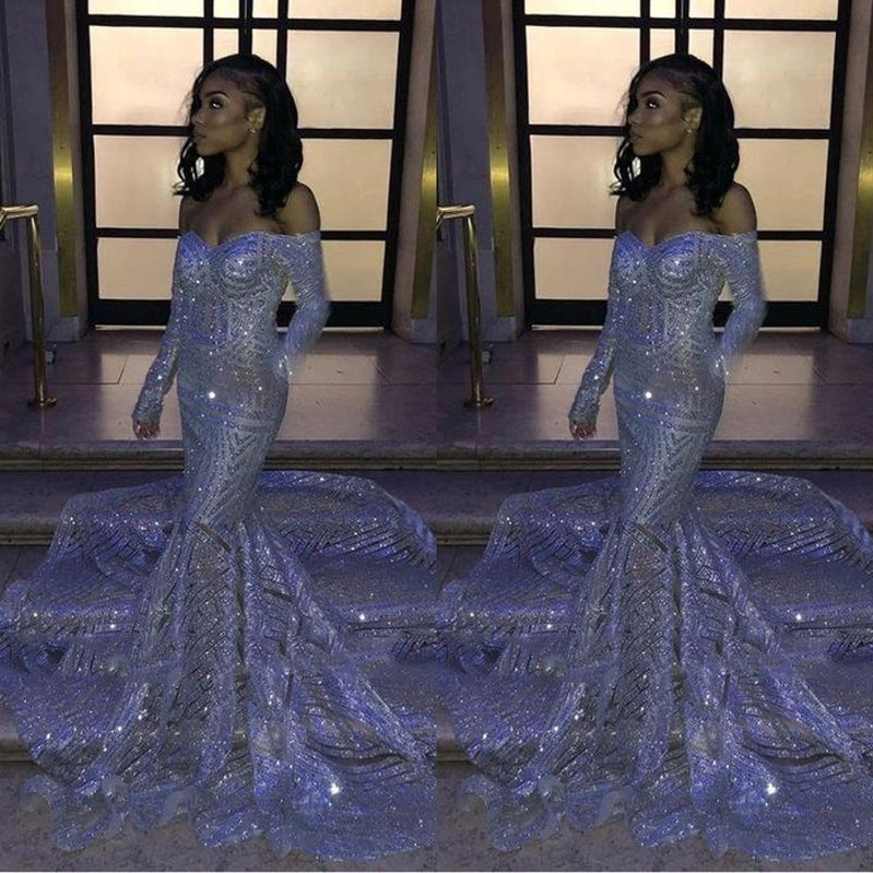 

Black Girl Silver Sequins Off-the-shoulder Mermaid Prom Dresses 2022 Long Sleeves Sweep Train Reflective Evening Gowns CG001