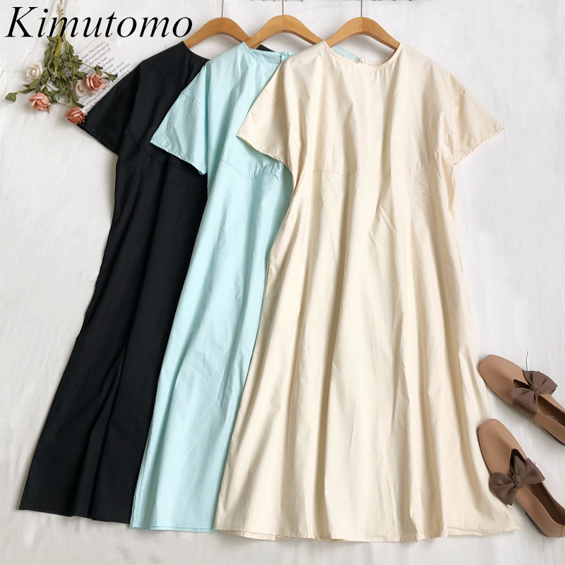 

Kimutomo Summer Dress Solid Color Simple Fashion Office Lady Korean Chic O-neck Short Sleeve Loose Pockets Vestido Female 210521, Light green