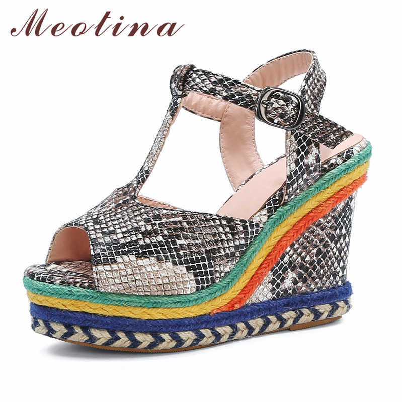 

Meotina Sandals Women T-Strap Espadrille Platform Super High Heel Shoes Snake Print Peep Toe Wedge Heels Sandals Summer Size 43 210608, Red
