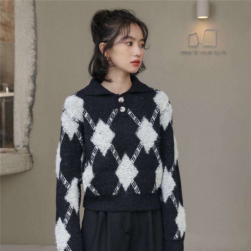 

Retro Three-Dimensional Argyle Polo Collar Sweater Women's Fashion Lazy Loose Long-sleeved Knitted 210520, Black