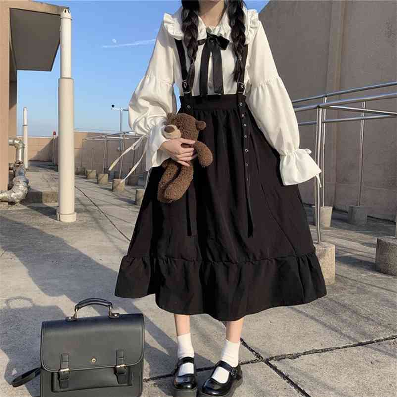 

Japanese College High-Waist Show Thin Black Mid-Length Ruffled Student fairy dress tea party lolita sweet doll 210517, Set