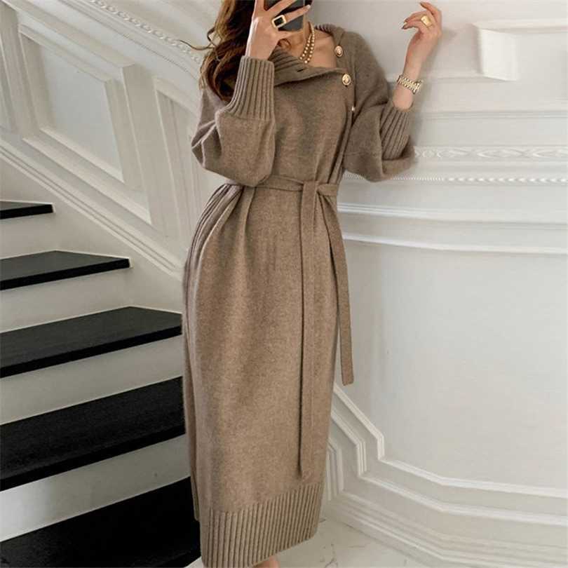 

Syiwidii Knitting Dress for Woman Fall Vintage Turtleneck Button Up Long Sleeve Casual Sweater Midi Dresses with Belt 211110, Khaki