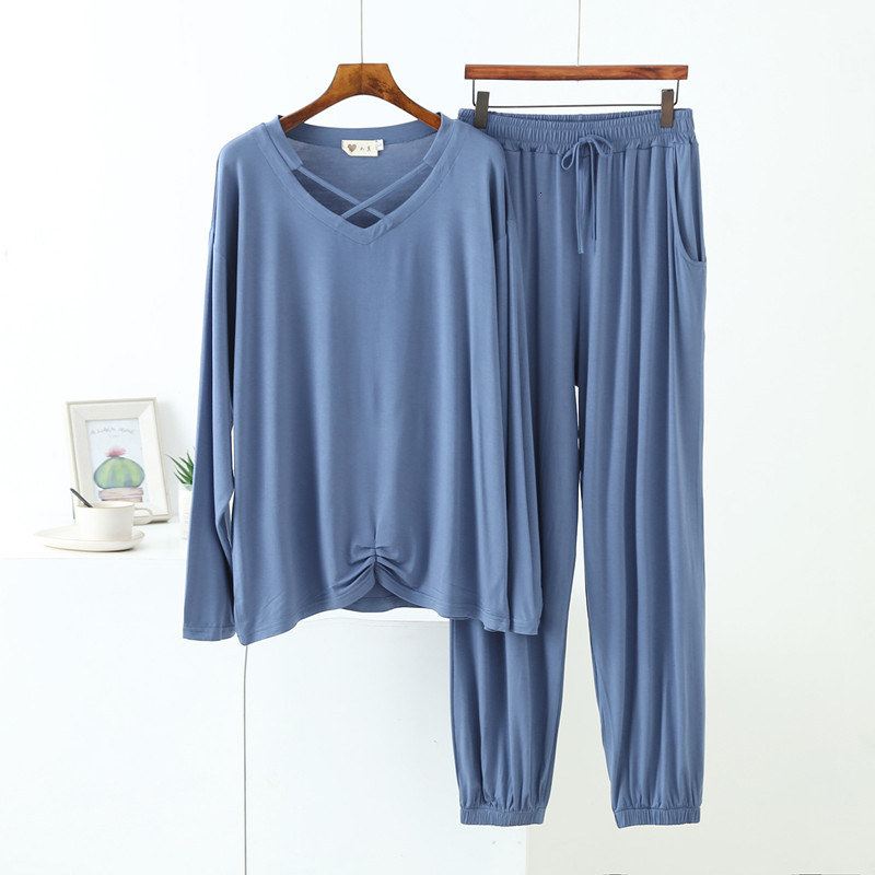 Women&#039;s Sleepwear Spring Summer Pyama Woman Set Sexy V Neck Long Sleeve Trousers Two Piece Suit Loose Homewear Lady Pajamas Pijama-image-699289042