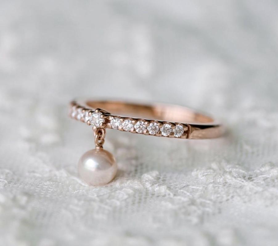 

Wedding Rings Cute Female White Pearl Pendant Ring Rose Gold Color Engagement Luxury Round Zircon Thin For Women, Slivery;golden
