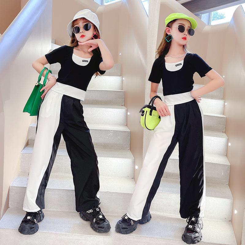 

Clothing Sets Tracksuit For Teenage Kids Girls Performance Suit Summer Fashion Stitching Top + Loose Pants Two-piece 13 14 Year, Korean clothes
