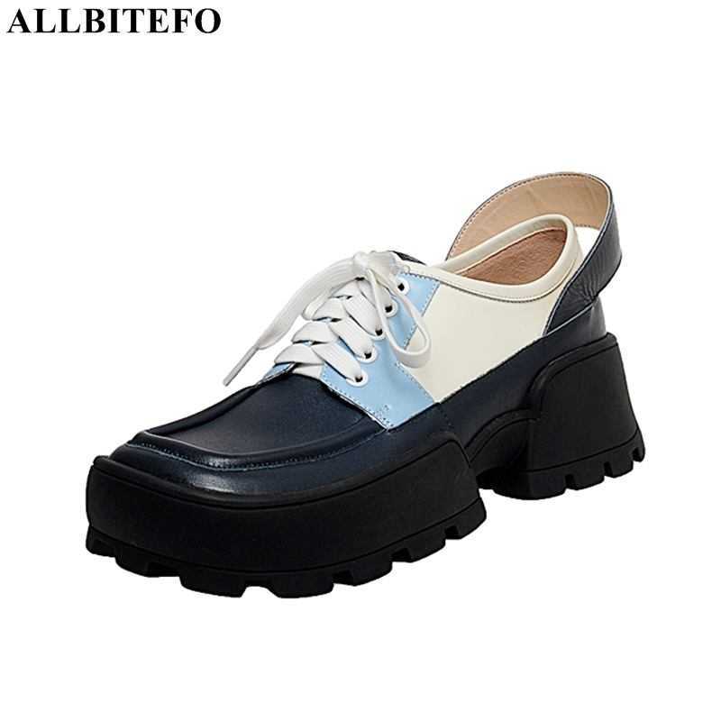 

ALLBITEFO cross tied natural genuine leather women heels fashion leisure Waterproof platform high heels women high heel shoes 210611, As picture