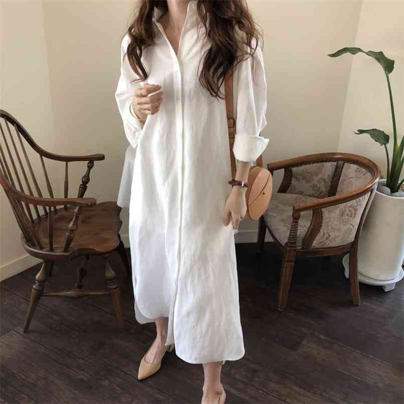 

Blue Long Sleeve Shirt Dress Spring Casual Patchwork White cotton Dresses Collar Buttons Loose Robe Femme Vestido 210520