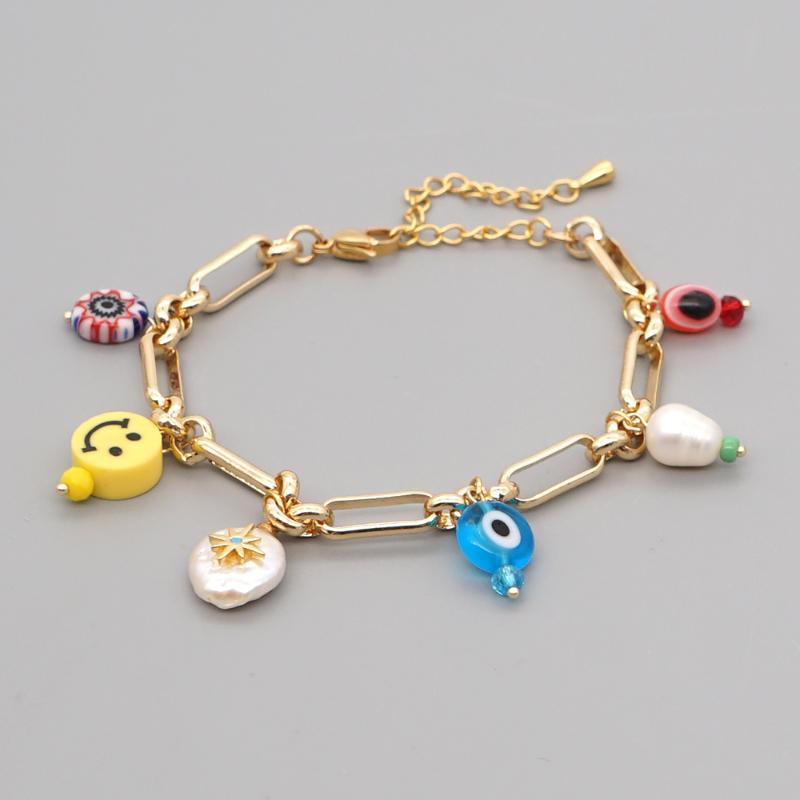 

Charm Bracelets Shinus Turkish Evil Eye Bracelet 2021 Gold Plated Chain Jewelry Pearl Jewellery Stainless Steel Pulsera, Golden;silver