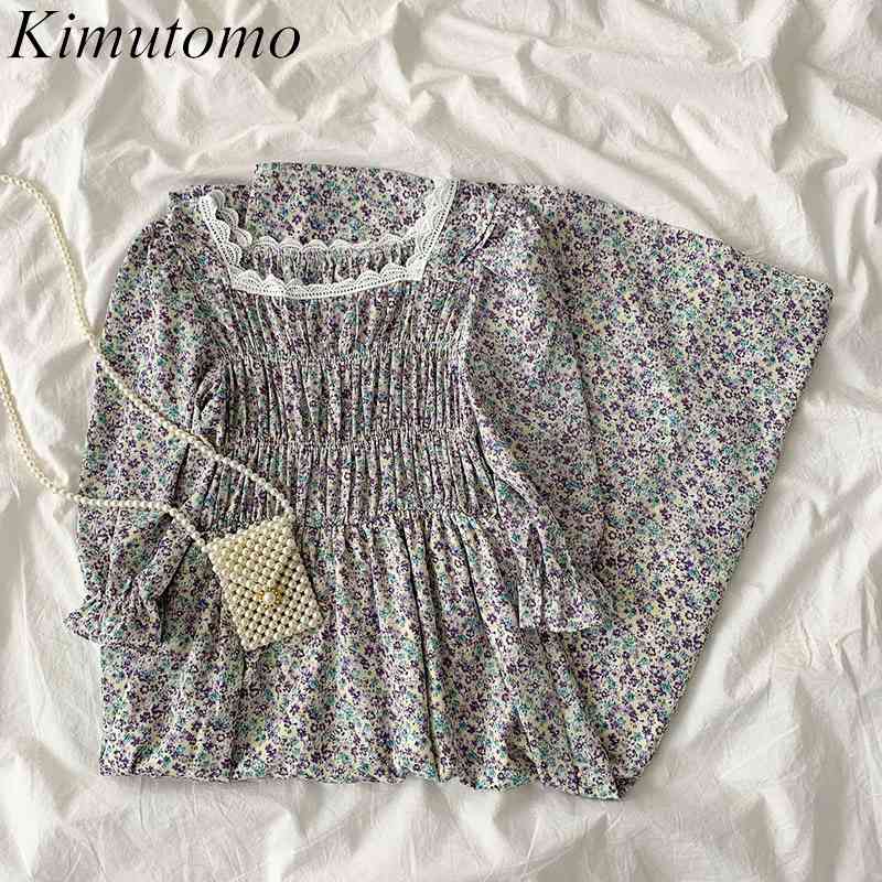 

Kimutomo Summer Floral Print Dress Women Korean Fashion Square Collar Short Puff Sleeve Slimming A-line Vestidos Casual 210521, Blue
