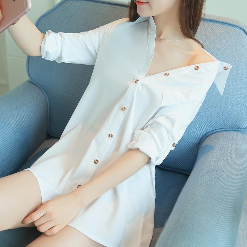 

Women' Blouses & Shirts White 2021 Summer Button Sexy Long Boyfriend Style Night Club Outwear Cardigans Tops