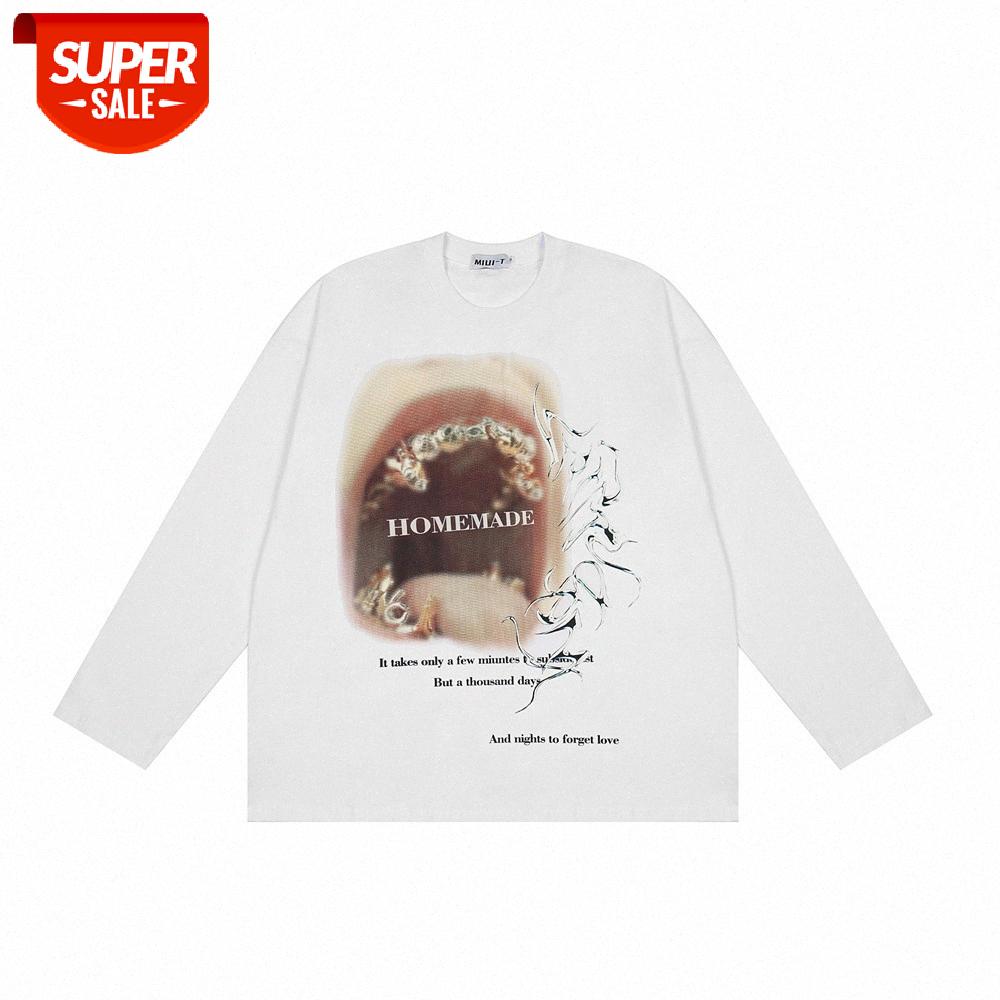 

Street abstract printing long-sleeved T-shirt men's lazy style loose round neck compassionate flow pullover bottoming shirt #DY2p, White;black
