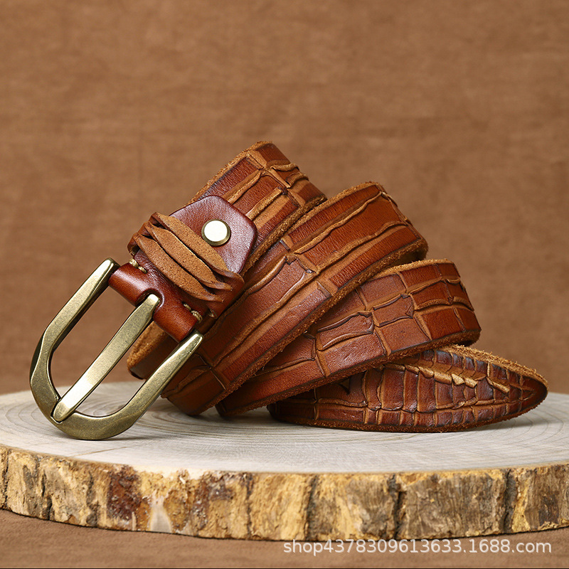 

Knife mark thickened first layer men's belt leather pin buckle retro ins style old No. 2, Black