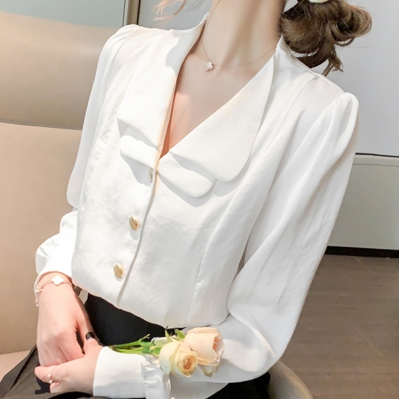 

Long Sleeve V-Neck Chiffon White Blouse Shirt Tops Blusa Blouse Women Blusas Mujer De Moda Womens Tops And Blouses D807 210602
