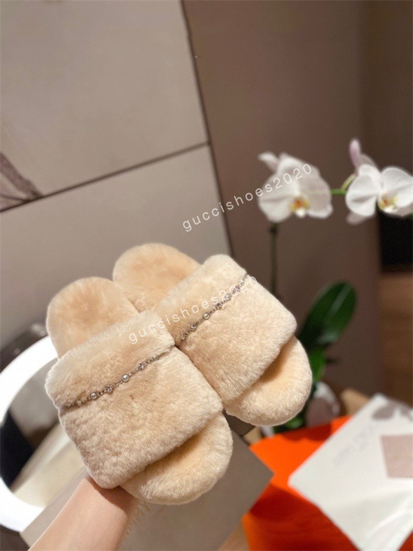 

2022 Newest Newly autumn winter womens slippers metal chain all inclusive wool slipper for women black white outer wear plus big szie Muller half drag shoes, 02