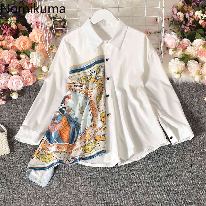 Nomikuma Blouses Women Korean Elegant Shirt Irregular Printing Ruffle Patchwork Tops Spring New Blusas Feminimos 6F351 210427