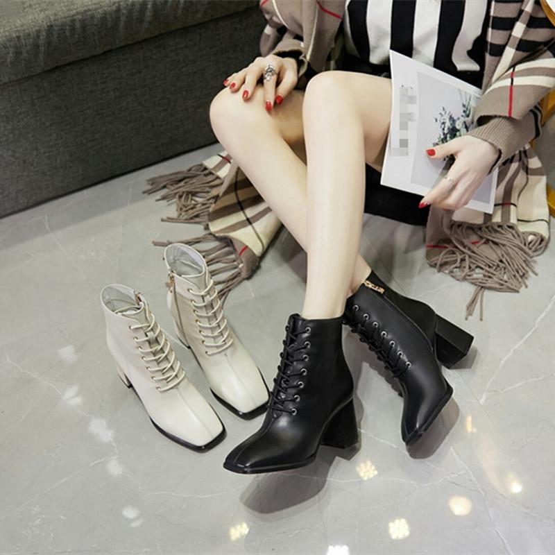 

2021 high heeled women's boots lace calfskin with zipper soft and comfortable banquet party versatile artifact size 34-41, Black