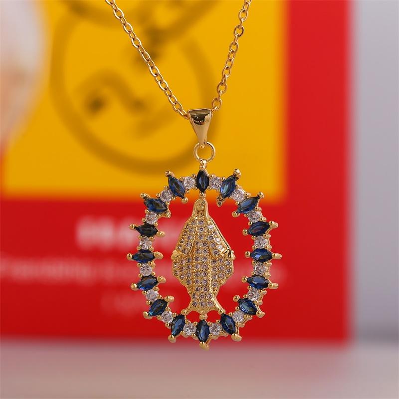 

Pendant Necklaces Transparent Blue Cubic Zirconia Copper Metal Virgin Mary Pendants For Women Girls Gold Stainless Steel Chain Necklace, Silver