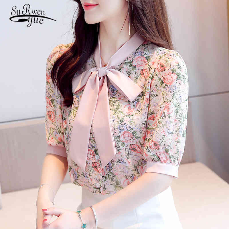 

Fashion Summer Short Sleeve Chiffon Blouse Women Korean Loose Elegant Bow Printed Floral OL Tops Blusas 9543 210521, Pink