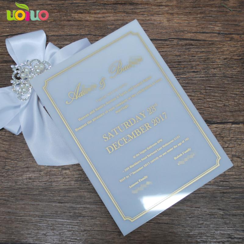 

Greeting Cards 50pcs Favorate Wedding Favor White Acrylic Invitation Card With Gold Words Printing Elegant Luxury