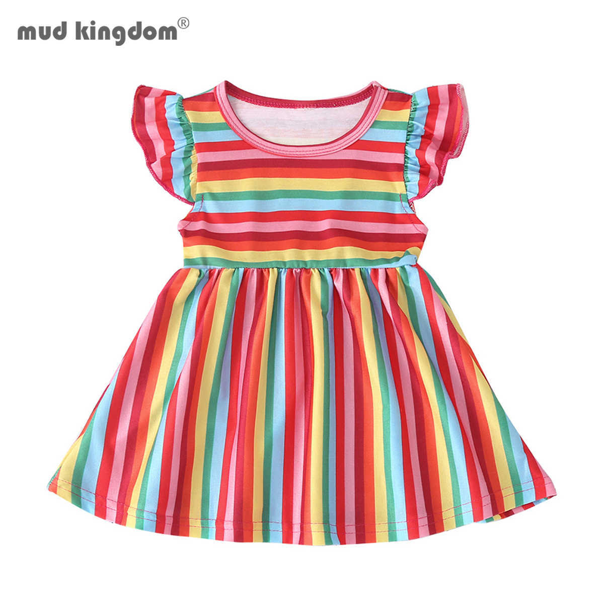 

Mudkingdom Toddler Girls Rainbow Stripe Dress Colorful Summer Holiday Round Neck Floral Sleeve 210615, Red
