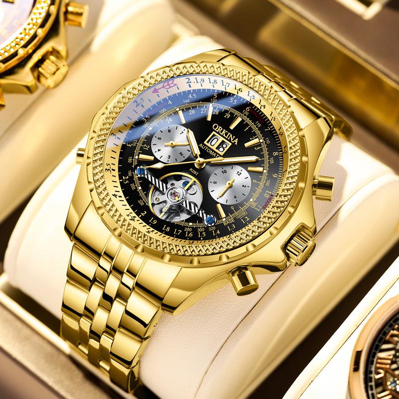 

Wristwatches MGORKINA 18K Gold Men's Watch Luxury Top Brand Automatic Mechanical Flying Tourbillon Watches Men Relogio Masculino, Mg032gw