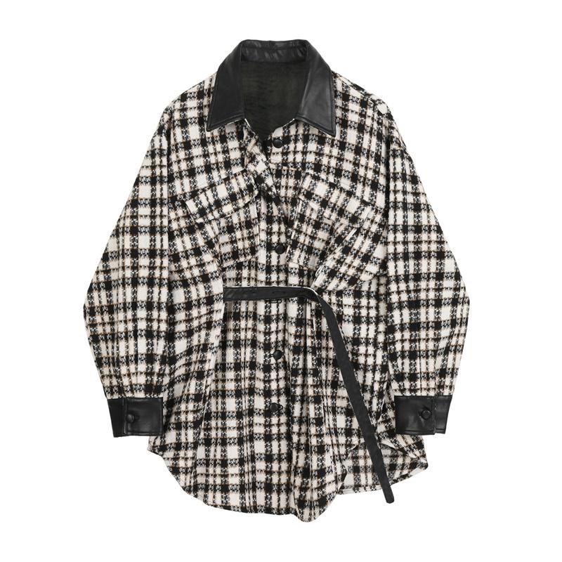 

Women' Wool & Blends WSYORE Autumn And Winter Loose Slim Wild Black Plaid Woolen Coat Women Large Size Waist Belt Jacket Female NS2849, Picture color