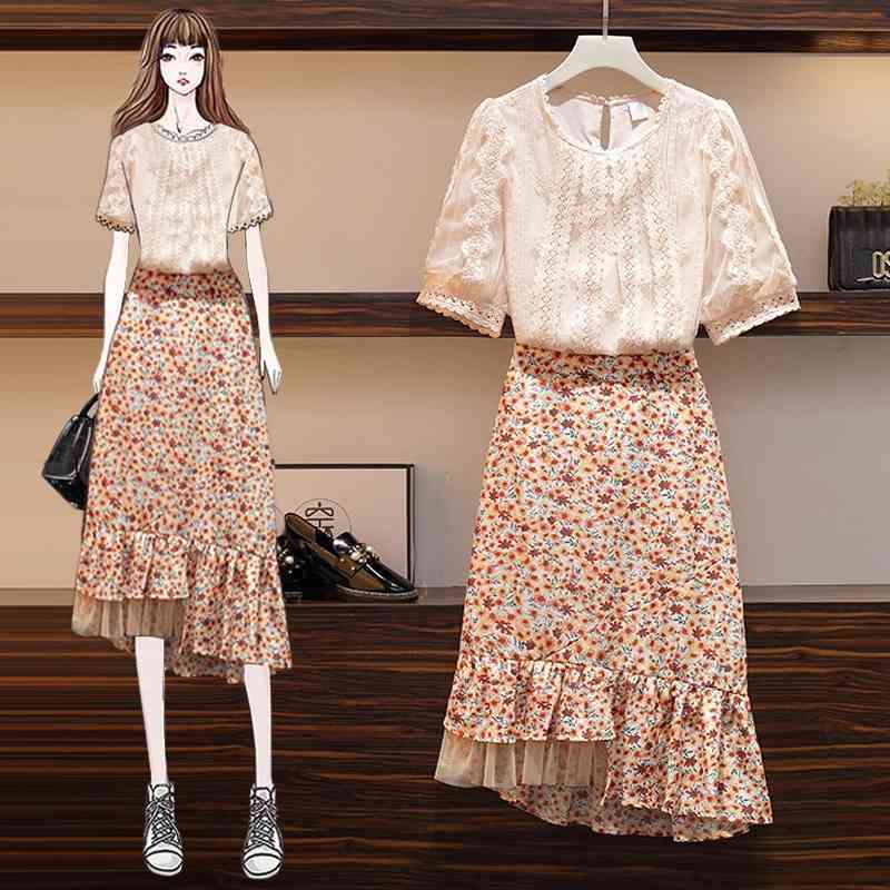 

Plus Size L-4XL Women Sweet Suits Summer Lace Deco Short Sleeve Blouse and Floral Print Irregular Skirt 2PCS Set 210525, Pink