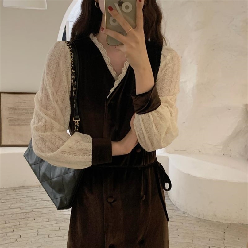 

Retro Patchwork Woolen Lady V-Neck Slim Winter Warm Stylish Vintage High Waist Female Long Dresses Vestidos 210525, Photo color