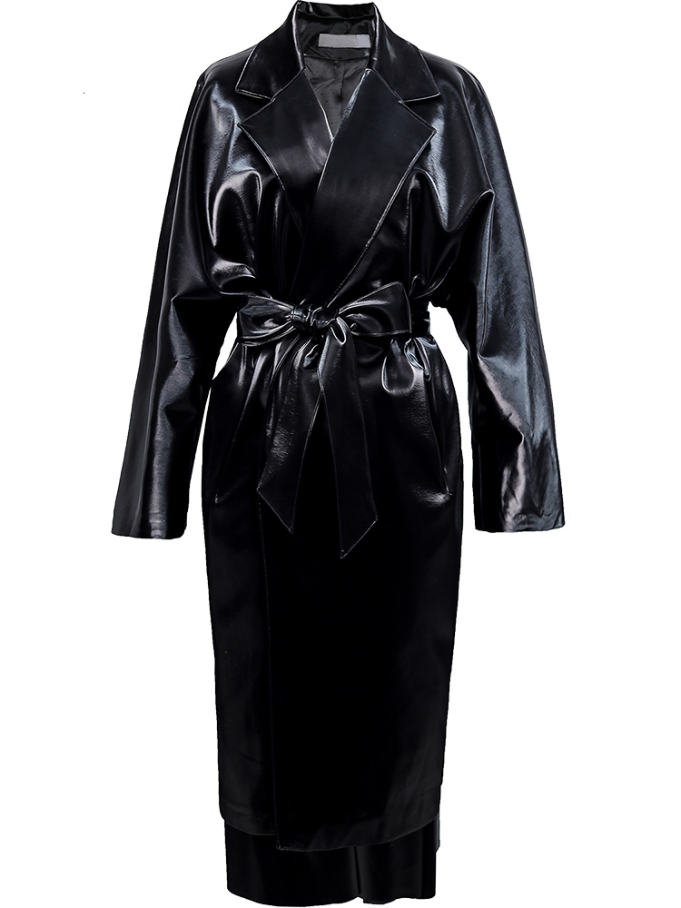 

women's leather & faux nerazurri long leather jacket, autumn spring-proof korean fashion belt s6r7, Black